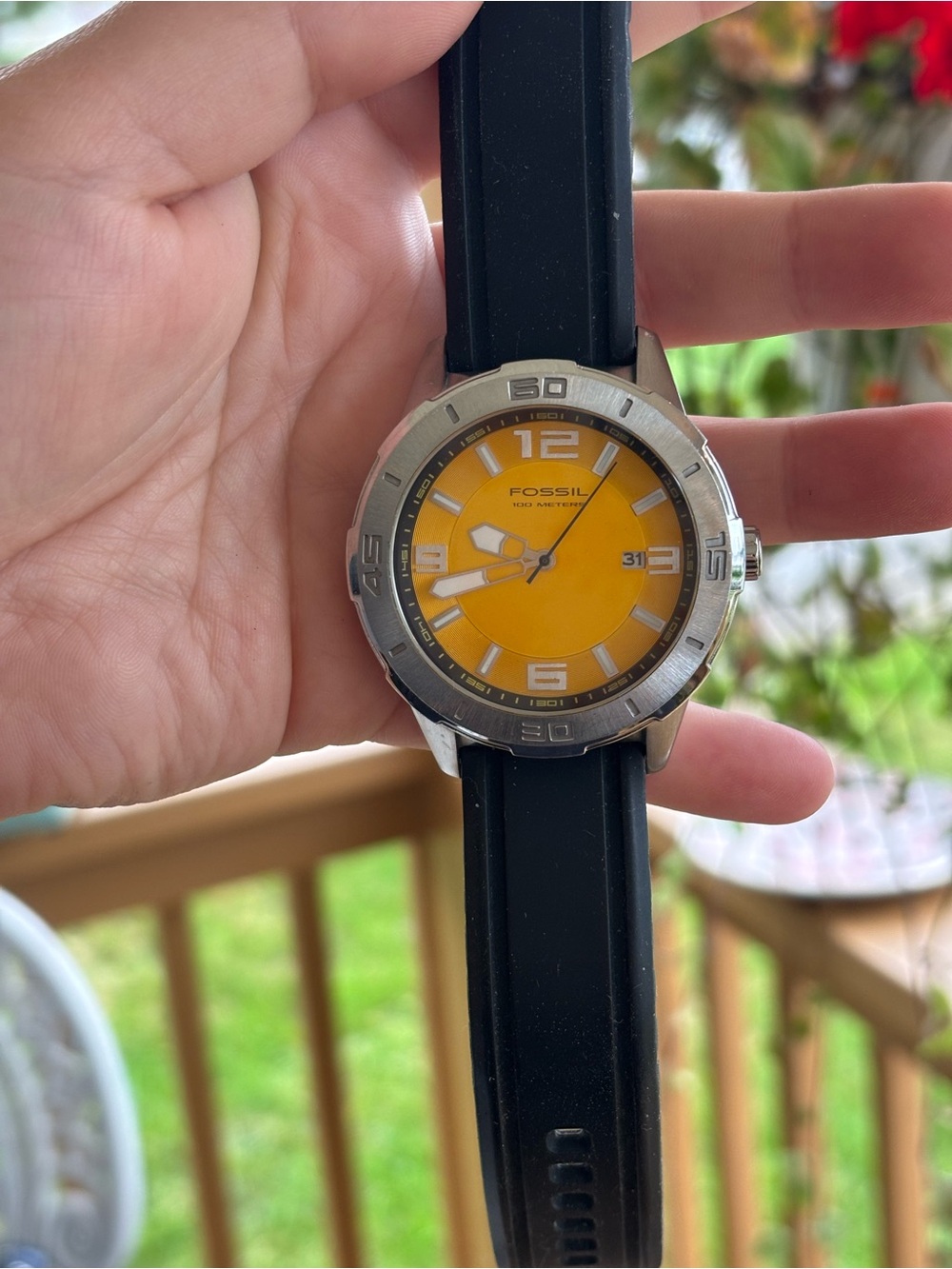 Fossil Men's Yellow Dial Watch with Black Strap